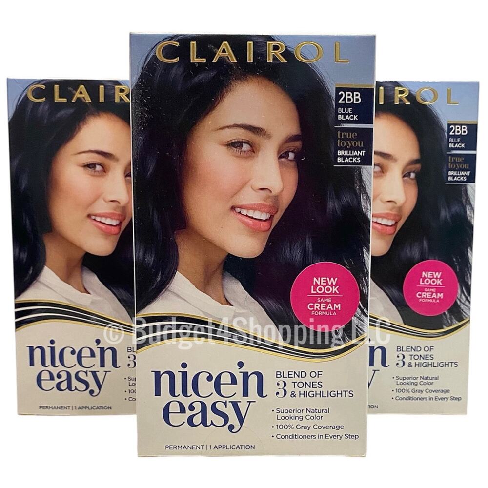 Clairol Nice'n Easy Permanent Hair Dye 2BB Blue Black Hair Color, Pack of 3
